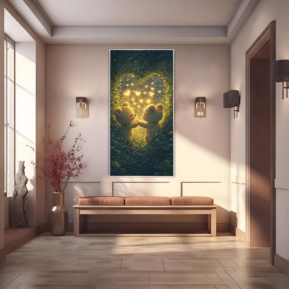 Tablou canvas cu doi ursuleti pufosi in padure, in rama de aluminiu argintiu